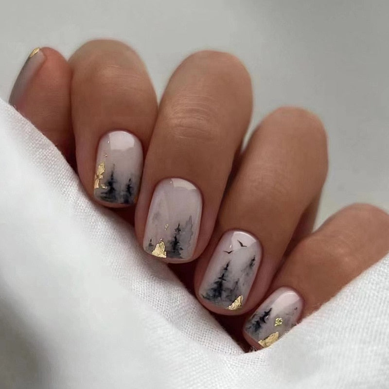 Xpoko 24PCS beautiful marbling false nails with design short size artificial press on fingernails for woman short square False Nails