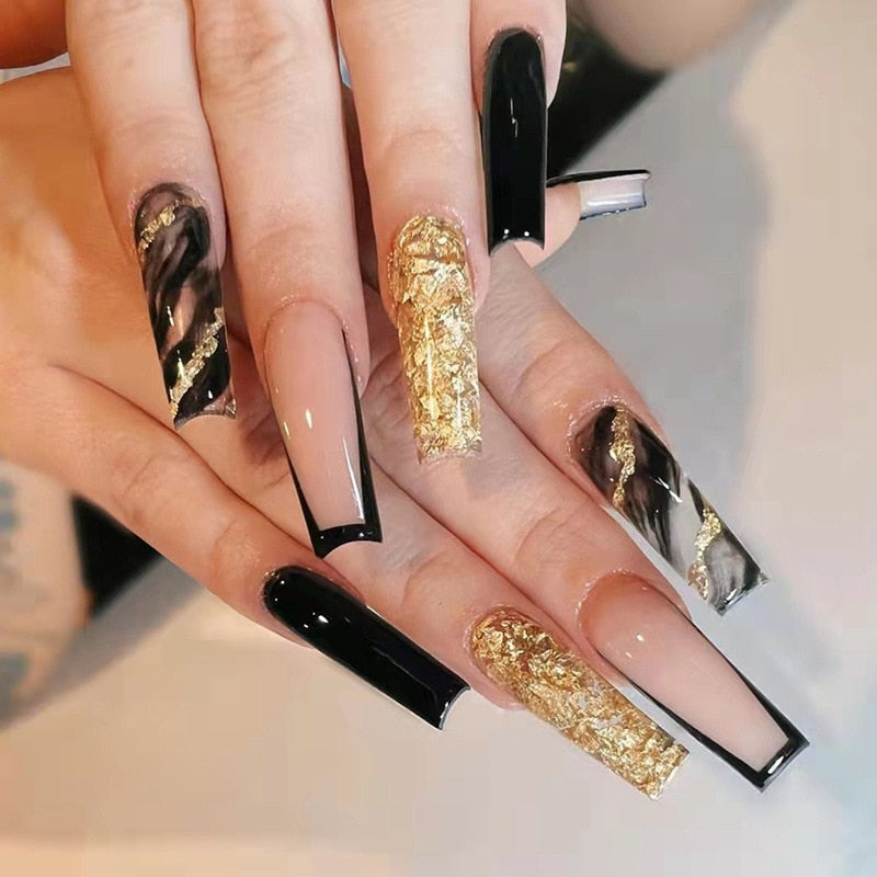 Xpoko W080 French Nails Press On XL Length Fake Fingernails With Goldfoil Design