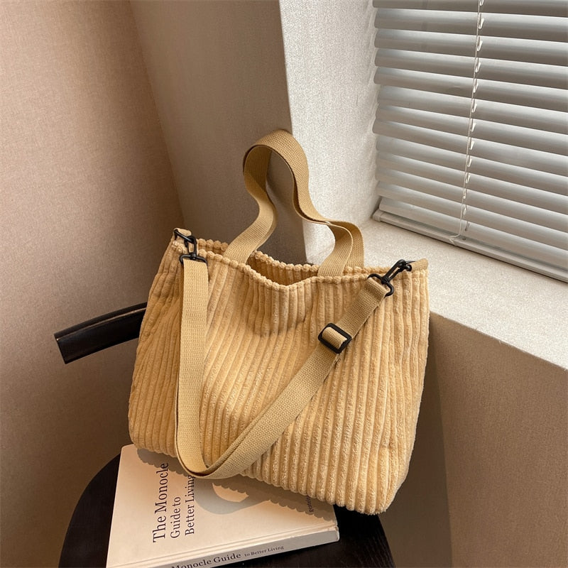 Xpoko 2023 Hot Sale Women's Bags Solid  Corduroy Handbags for Women  Shoulder Side Bag Vintage Large Shopper Shopping Bags Zipper Tote