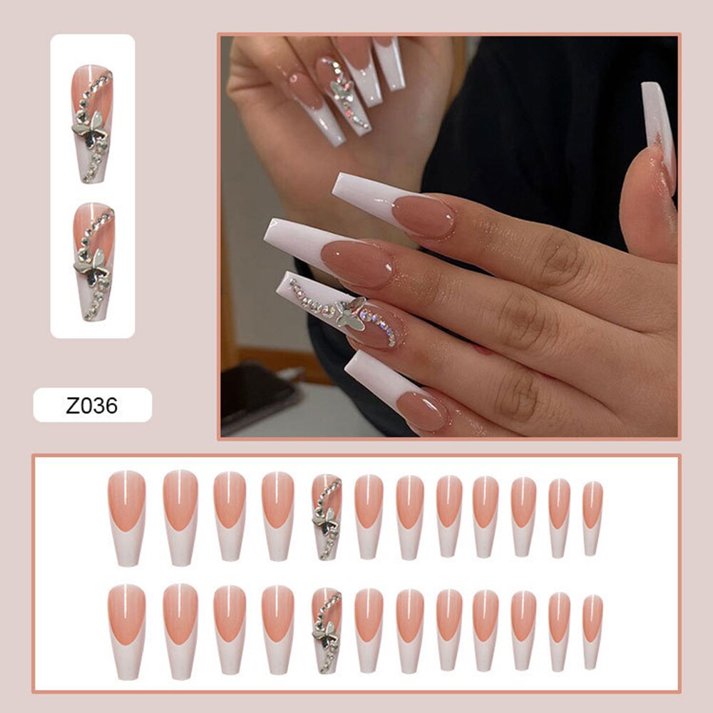 Xpoko Golden Butterfly Pattern False Nails With Diamond Full Cover Fake Nails Glue Manicure Nail Art Tools Long Coffin Ballerina Nails