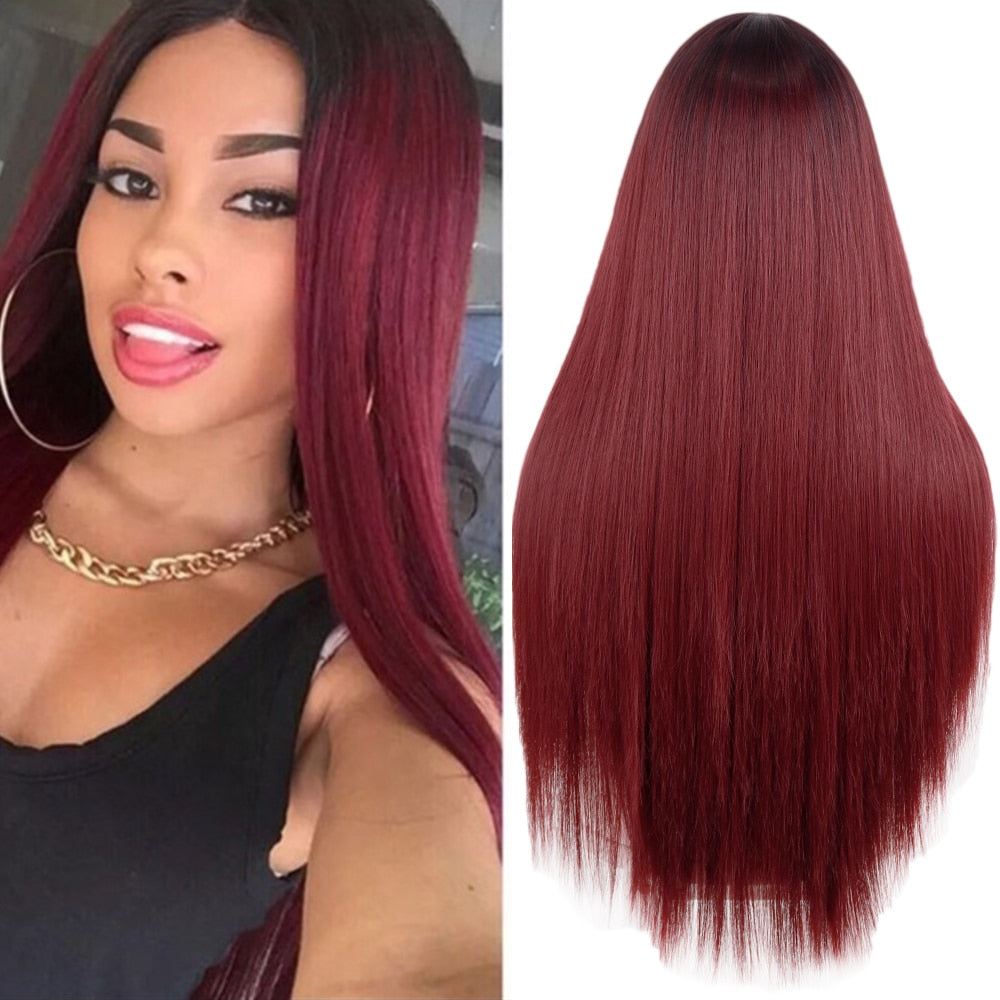 Xpoko Women's Wine-Colored Long Wigs, Mid-Length Straight Hair, Synthetic Full Wigs, Heat-Resistant Fiber Wigs, Daily Parties