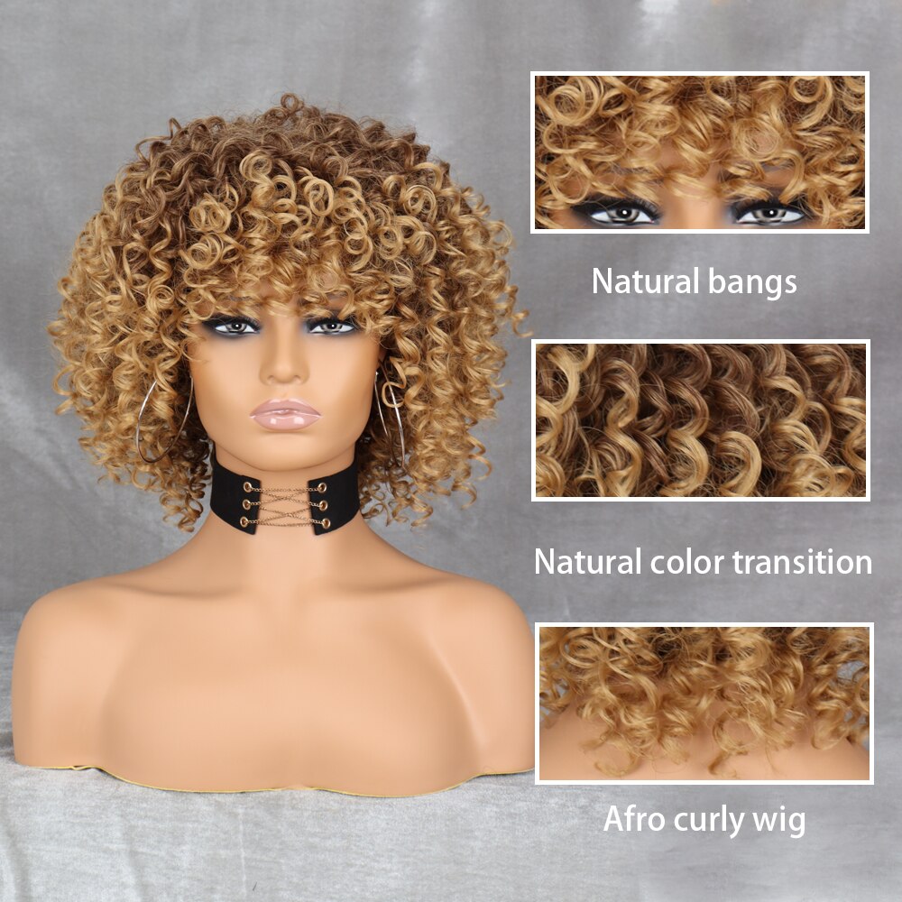 Xpoko Curly Afro Blonde Wig With Bangs Shoulder Length Wigs Afro Kinkys Wigs Synthetic  Curly Full Wig For Black Women