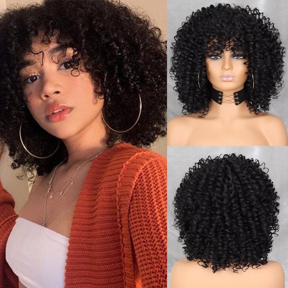 Xpoko Curly Afro Blonde Wig With Bangs Shoulder Length Wigs Afro Kinkys Wigs Synthetic  Curly Full Wig For Black Women