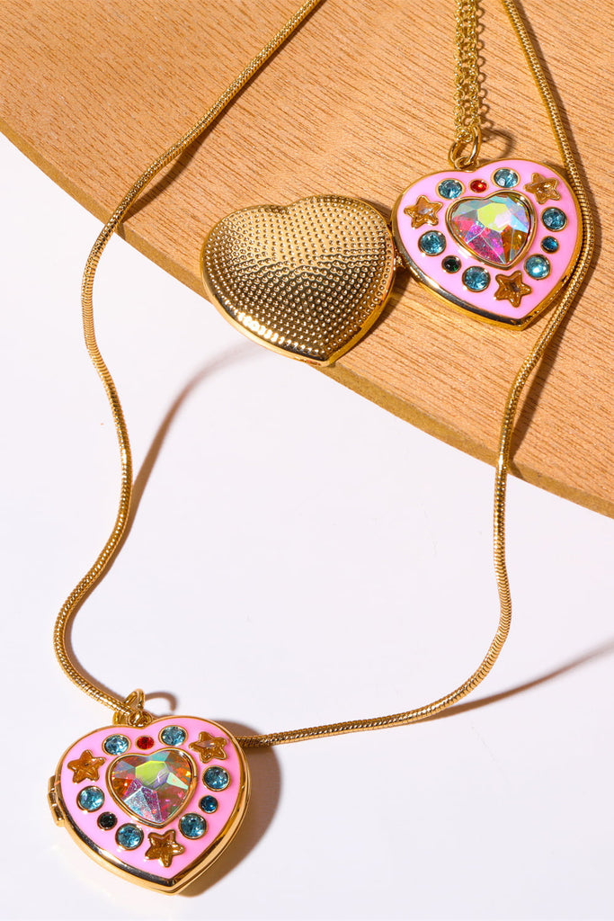 Back to school Rhinestone Decor Heart Box Pendant Necklace