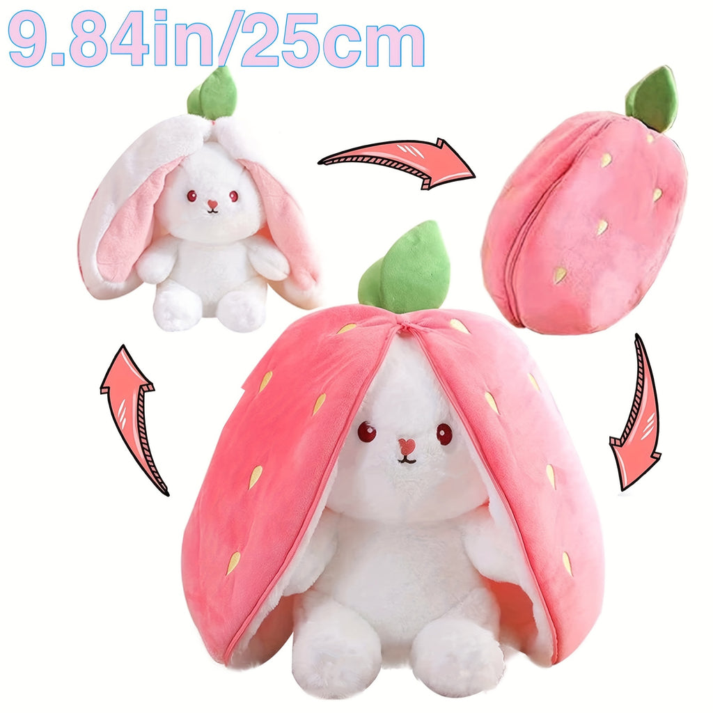 Xpoko - Bunny Stuffed Animal Reversible Cuddle Bunny Stuffed, Strawberry Bunny Transformed Rabbit Plush Zipper, Carrot That Turns Into Ears Bunnies Plushies Toy Cute Stuffy Doll Easter Gift