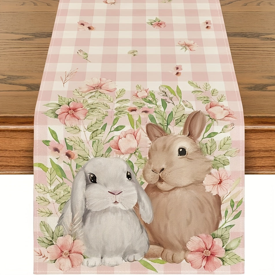 Xpoko - 1pc, Easter Table Runner, Bunny Rabbit Flowers Leaves Pink Buffalo Plaid Seasonal Table Runner, Small Fresh Style Seasonal Kitchen Dining Table Decoration For Indoor, Party Decor