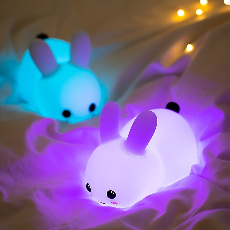 Xpoko - 1pc LED Cute Bunny Night Light, Kawaii Color Changing Super Soft Squishy Silicone Rechargeable Night Light Lamp, A Glowing Rabbit, Birthday Easter Xmas Gift, Used For Camping Party Room Decor
