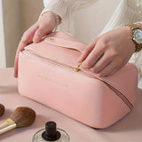 Waterproof Travel Cosmetic Bag With Dividers And Handle - Large Capacity Makeup Toiletry Bag For Women - Multifunctional Storage Bag With PU Leather Material