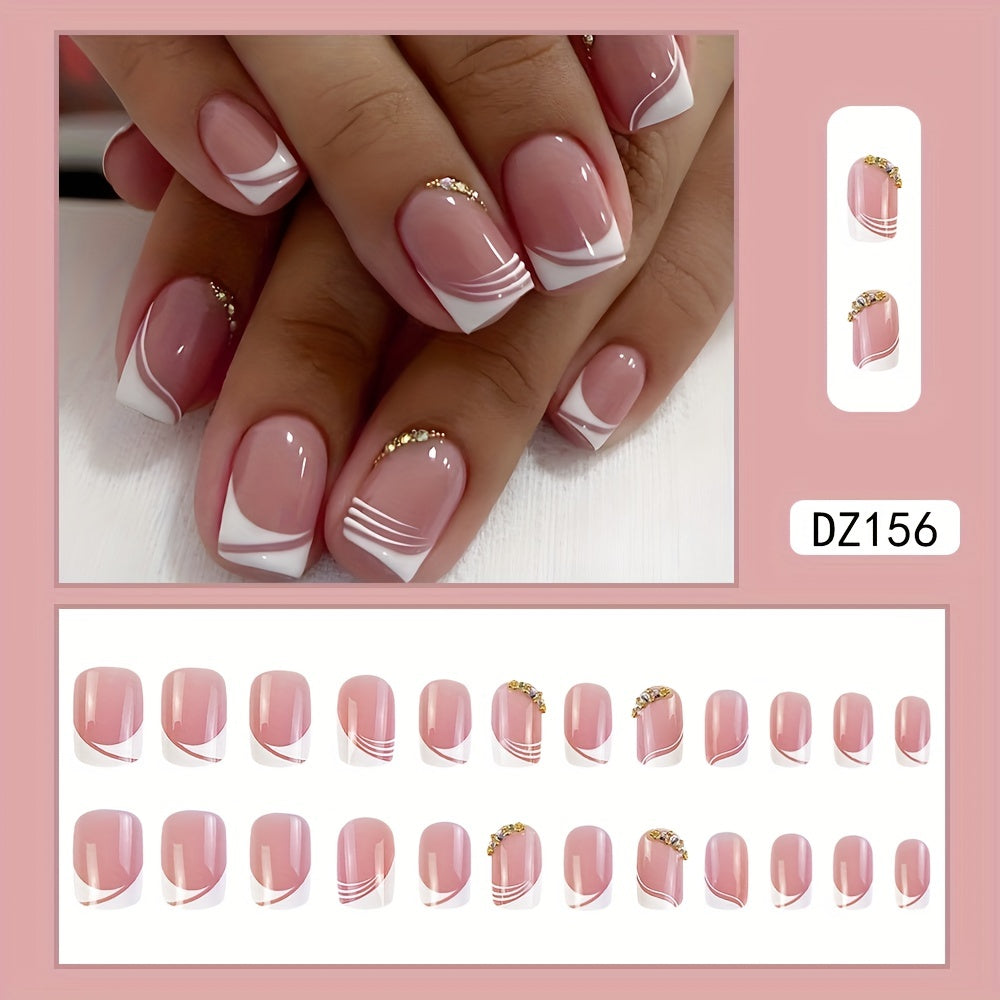 Xpoko - 24pcs Glossy Pink Press On Nails with Rhinestone Accents and French White Edge Design - Full Coverage Fake Nails for Women and Girls