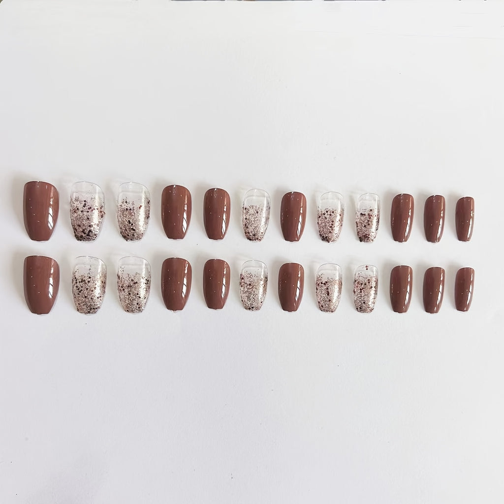 Xpoko - 24 pcs Shimmer Ballerina Press On Nails - Medium Brown Coffin Design - Glossy False Nails for Women and Girls - Easy to Apply and Remove - Long-Lasting and Durable