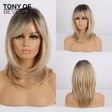 Brown to Light Blonde Ombre Hair Medium Straight Layered Bob Synthetic Wigs Middle Part For Women Heat Resistant Cosplay Wigs