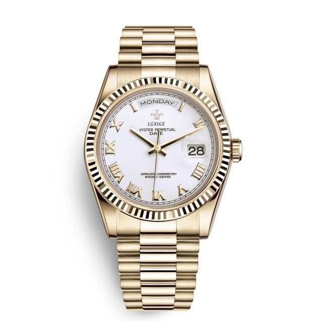 Men Watch Top Brand Luxury 18K Gold Watch High Quality Stainless Steel Calendar Genava Male Wristwatches Gold Color Watch 40MM