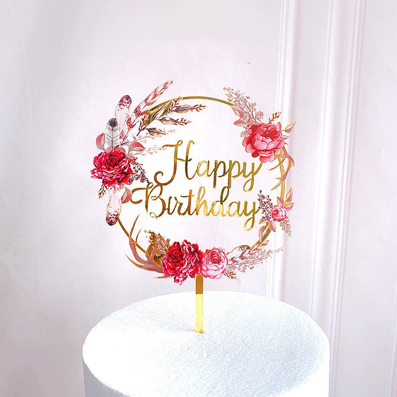 New Colored flowers Happy Birthday Cake Topper Golden Acrylic Birthday party Dessert decoration for Baby shower Baking supplies