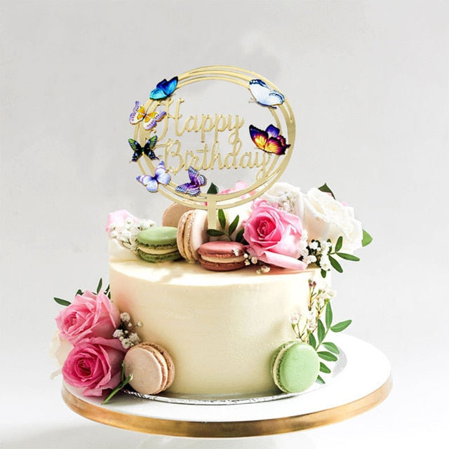 New Colored flowers Happy Birthday Cake Topper Golden Acrylic Birthday party Dessert decoration for Baby shower Baking supplies