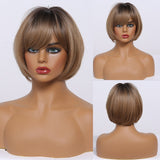 ALAN EATON Short Straight Ombre Brown Blonde Bob Wig With Bangs Synthetic Hair Wig for Women Cosplay Lolita Heat Resistant Fiber