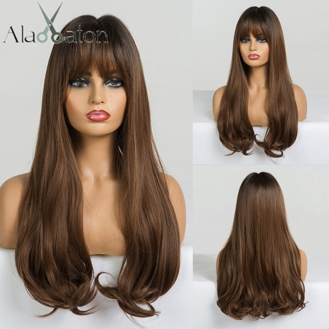 ALAN EATON Long Water Wave Synthetic Wigs with Side Bangs Mixed Black Brown Honey Golden Highlight Wigs for Women Heat Resistant
