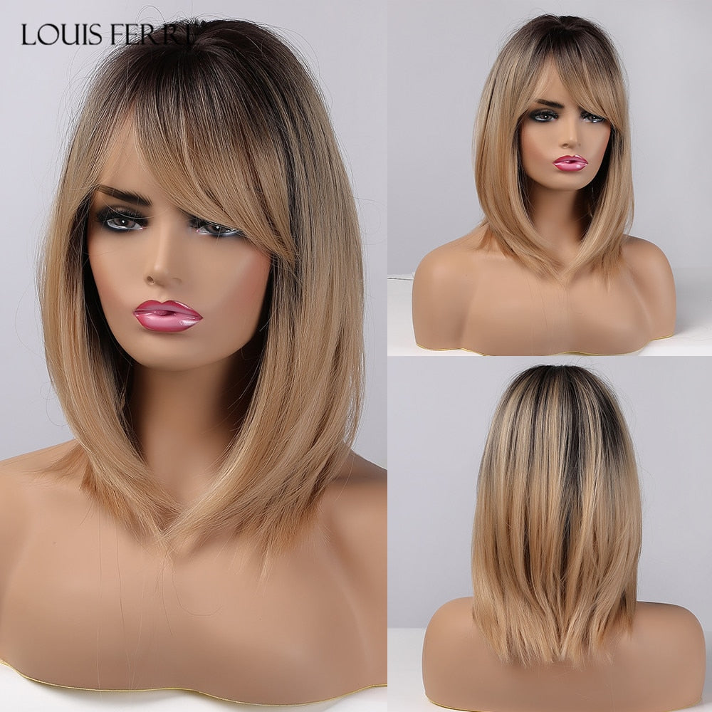 Medium Straight Black Brown Golden Ombre Synthetic Wigs for Women Cosplay Bobo Wig With Bangs Heat Resistant Fibre