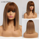 Medium Straight Black Brown Golden Ombre Synthetic Wigs for Women Cosplay Bobo Wig With Bangs Heat Resistant Fibre