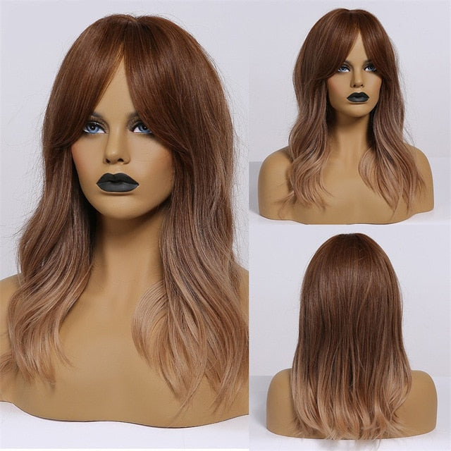 JONRENAU Long Natural Wave Dark bown Ombre Ash brown Hair wigs Synthetic Party Daily Use Wig for White Black Women