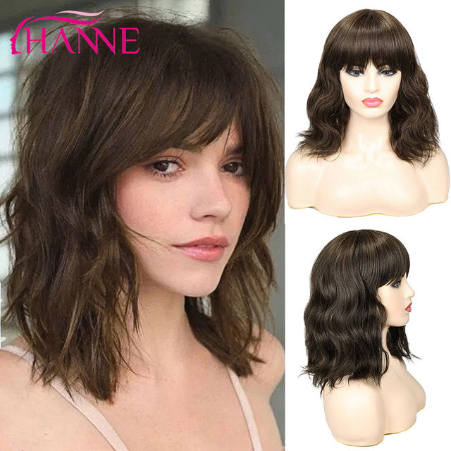 Short Natural Wave Synthetic Hair Wig With Free Bangs Black or Brown Heat Resistant Fiber Wigs For Black/White Women