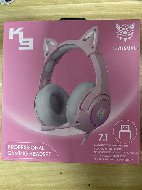Back to College   New product K9 pink cat ear cute girl gaming headset with mic ENC noise reduction HiFi 7.1 channel RGB wired headphone