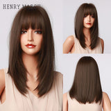 Xpoko Dark Brown Medium Long Bob Synthetic Wigs with Bangs Layered Hair Natural Straight Wigs for Women High Temperature