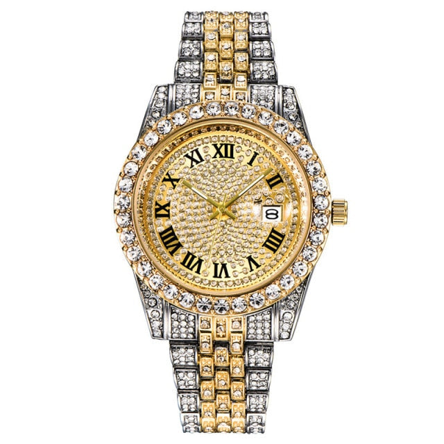 New Gold Silver Color Cubic Zirconia Watches Hip Hop Fashion High Quality Diamond Bracelet Stainless Steel  For Gift