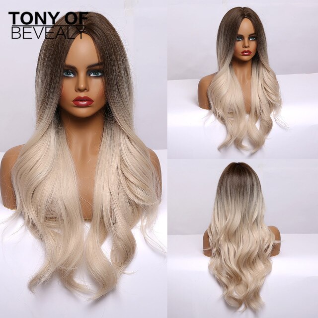 Xpoko Long Wave Pink Synthetic Hair Wigs Middle Part Natural Wavy Heat Resistant Wigs for Afro Women Cosplay Party Fashion Wigs