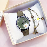 Hot Sales Dress Woman's Watch Daisy Flowers Cute Ladies Wristwatch Bracelet Set Casual Matte Leather Female Watches reloj mujer