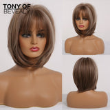 Short Straight Ombre Brown Blonde Synthetic Wigs With Bangs for Women bobo Hairstyle Cosplay Heat Resistant Natural Hair Wigs