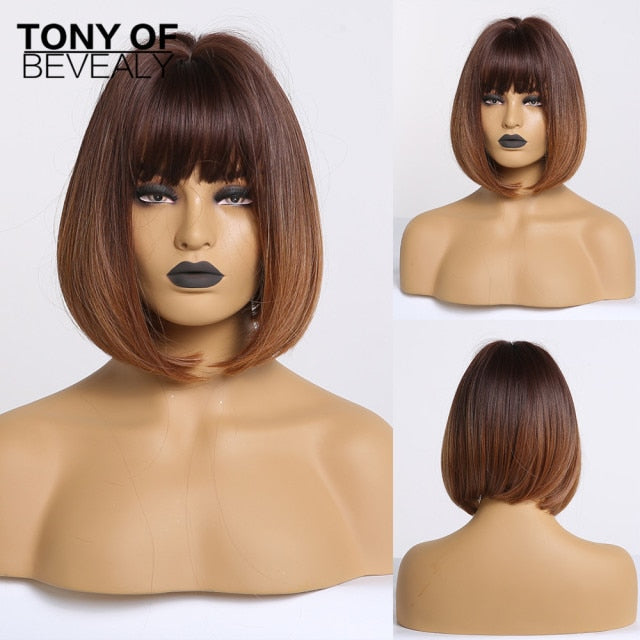 Short Straight Ombre Brown Blonde Synthetic Wigs With Bangs for Women bobo Hairstyle Cosplay Heat Resistant Natural Hair Wigs