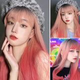 Xpoko back to school Long Straight Pink Wig With Bangs Heat Resistant Synthetic Hair Girl Halloween Lolita Cosplay Wig or Daily Party FalseHair