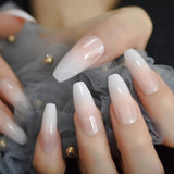 Xpoko  back to school Salon Acrylic French Nails Short Length Ombre Round French Tips Glitter Pattern White Thin False Nail 24 Ct2022513