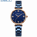 Women Watch CRRJU Fashion Luxury Blue Watch for Women Casual Waterproof Quartz Ladies Stainless Steel Watch relogio feminino
