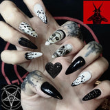 Xpoko 24pc/Box press on nails halloween Dark black Punk Ghost head tip nail pre design acrylic nail tip Full Cover Fake Nail