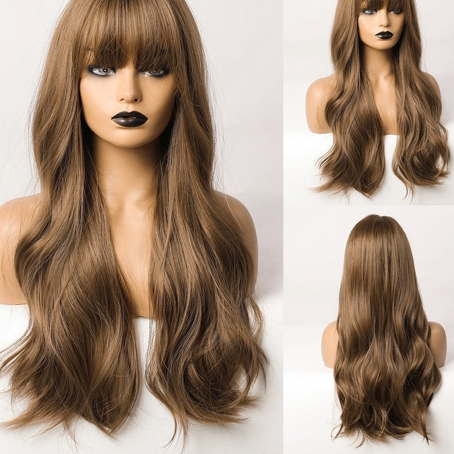 Long Wave Dark Brown Blonde Ombre Synthetic Wigs with Bangs Party Daily Use Cosplay Wig for Women Natural Curly Hair