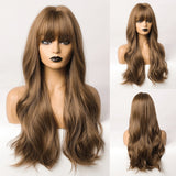 Long Wave Dark Brown Blonde Ombre Synthetic Wigs with Bangs Party Daily Use Cosplay Wig for Women Natural Curly Hair