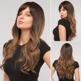 Long Wave Dark Brown Blonde Ombre Synthetic Wigs with Bangs Party Daily Use Cosplay Wig for Women Natural Curly Hair