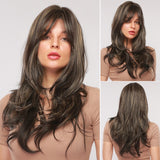 Long Wave Dark Brown Blonde Ombre Synthetic Wigs with Bangs Party Daily Use Cosplay Wig for Women Natural Curly Hair