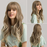 Long Wave Dark Brown Blonde Ombre Synthetic Wigs with Bangs Party Daily Use Cosplay Wig for Women Natural Curly Hair