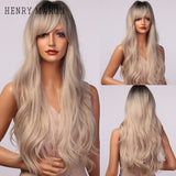 Long Wavy White Blonde Black Ombre Synthetic Wig Natural Hair Wigs for Women Cosplay Wigs With Bangs Heat Resistant