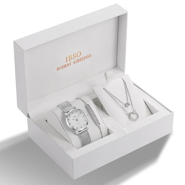 Women Quartz Watch Set Crystal Design Bracelet Necklace Watch Sets Female Jewelry Fashion Silver Luxury Watch Lady&#39;s Gift