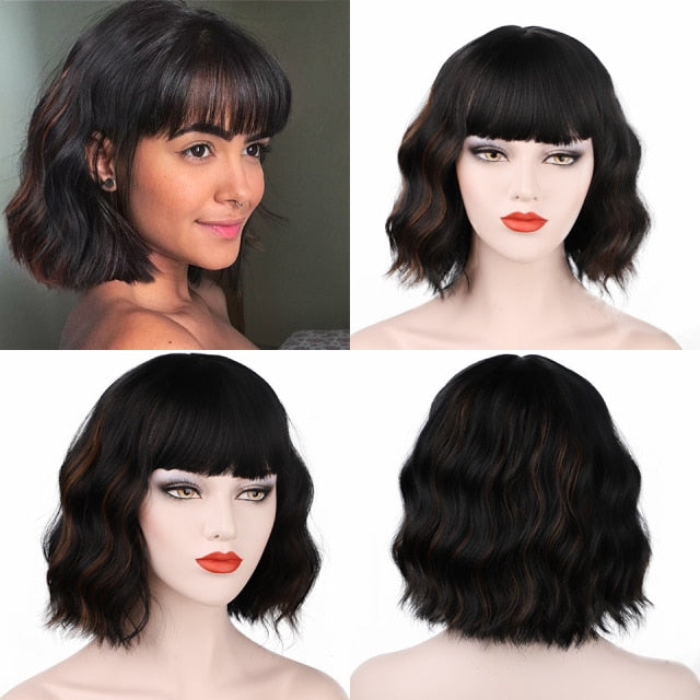 Vigorous Short Wavy Wig with Bangs Black Synthetic Wigs for Women Natural Brown Mixed Black Hair Bob Wigs Heat Resistant Fiber