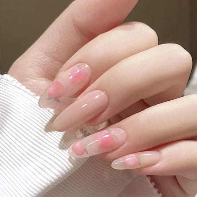 24Pcs Middle Length Ballerina Nude Pink Color False Nails Design With Heart Pattern DIY Artificial Fake Nails With Press Glue2022513