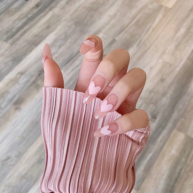 Xpoko 24Pcs Middle Length Ballerina Nude Pink Color False Nails Design With Heart Pattern DIY Artificial Fake Nails With Press Glue