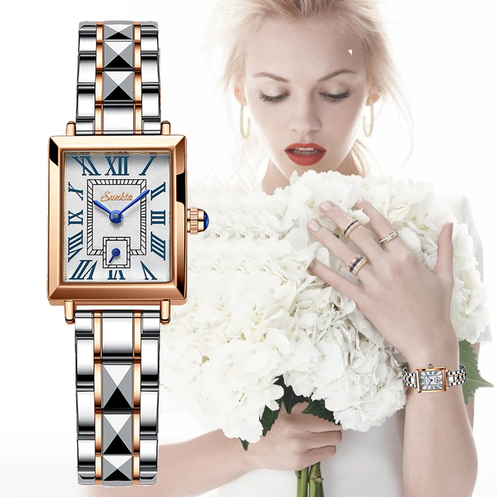 2022 LIGE Brand SUNKTA Women Watches Fashion Square Ladies Quartz Watch Bracelet Set Dial Simple Rose Gold Luxury Women Watches