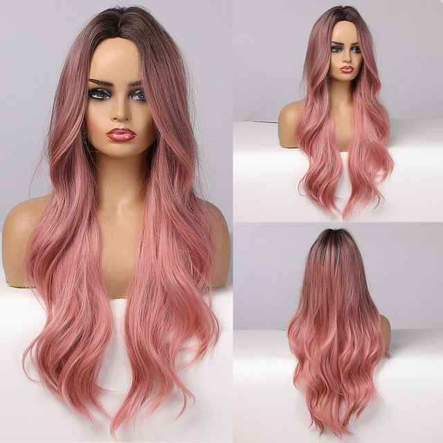 Long Ombre Pink Wig Natural Hair for Women Middle Part Wavy Wigs Synthetic Cosplay Wigs Heat Resistant Pink Wig-1