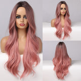 Xpoko Long Ombre Pink Wig Natural Hair for Women Middle Part Wavy Wigs Synthetic Cosplay Wigs Heat Resistant Pink Wig