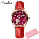 SUNKTA New Rose Gold Wine Red Luxury Quartz Women  Watch Waterproof Leather Watches Ladies Watches Clock Relogio Feminino+Box