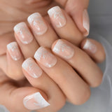 Xpoko back to school Salon Acrylic French Nails Short Length Ombre Round French Tips Glitter Pattern White Thin False Nail 24 Ct